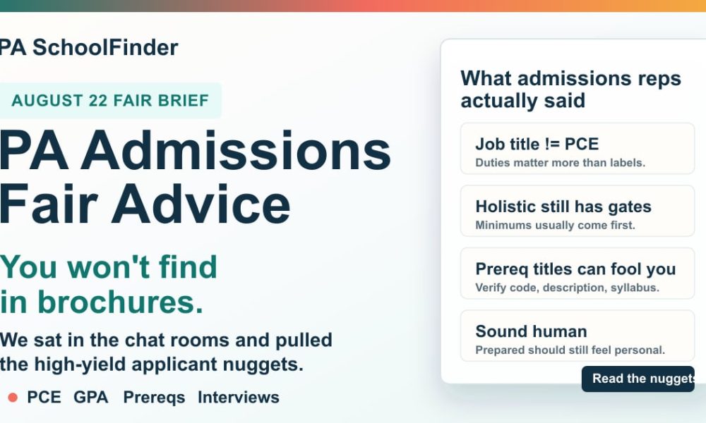 PA SchoolFinder featured image for high-yield PA admissions fair advice from the August 22, 2026 Virtual PA Admissions Fair.
