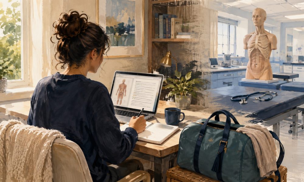 Editorial illustration of a hybrid PA student studying at home, with a travel bag and a campus clinical-skills lab.