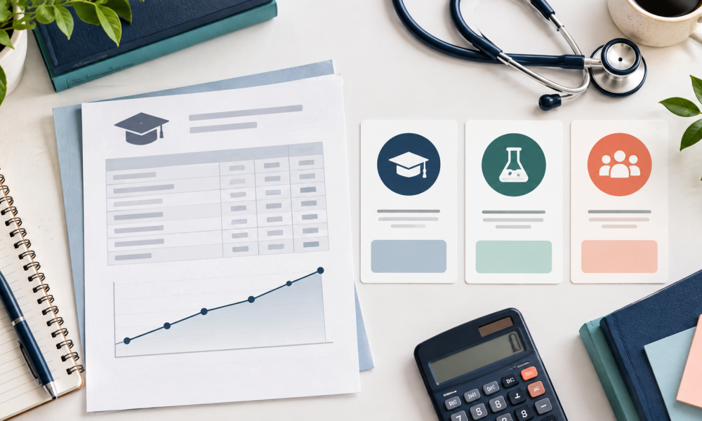 Transcript, GPA comparison cards, calculator, and stethoscope for comparing PA school GPA requirements